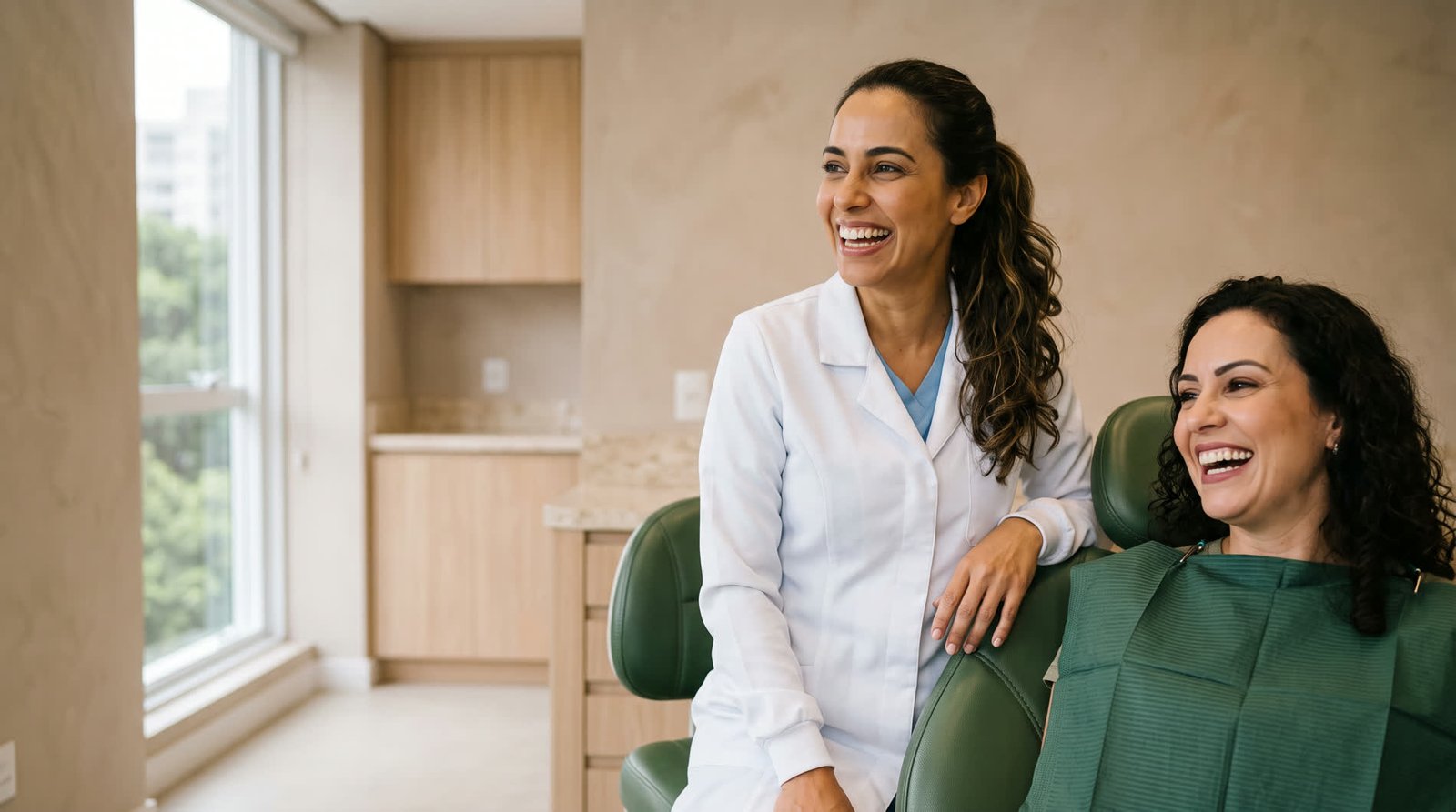 Dentista e paciente rindo juntas na sala de atendimento da clínica