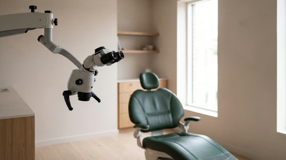 Microscópio odontológico apontado para a cadeira verde da sala de atendimento